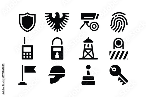 Security icons shield eagle surveillance fingerprint radio lock guard barrier flag helmet joystick key