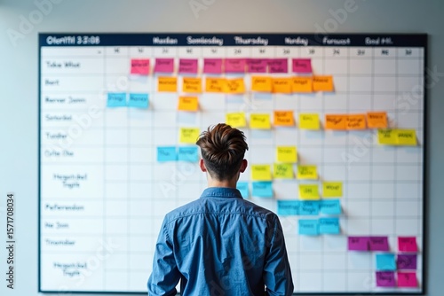 Person contemplatively stands before large Gantt chart composed of vibrant post-it notes with tasks and deadlines depicted.