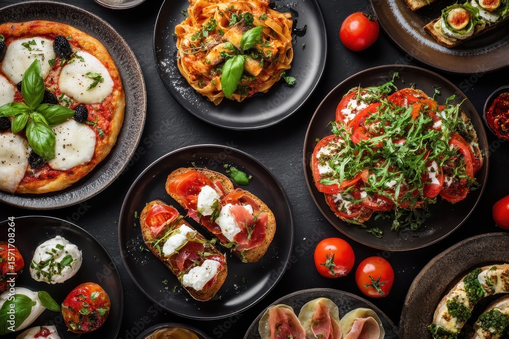 Collection of delicious Italian meals featuring pizza, pasta, and fresh salads served on elegant black plates Collection of delicious Italian meals featuring pizza, pasta, and fresh salads served on elegant black plates