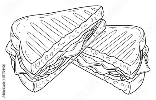 Two Toasted Sandwich Halves with Grill Marks, Black and White Outline