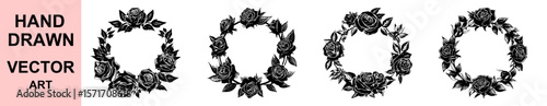Vintage hand drawn rose wreath vector illustrations in black ink style, ideal for frames, invitations, wedding cards, floral borders, emblems, and elegant decoration projects.