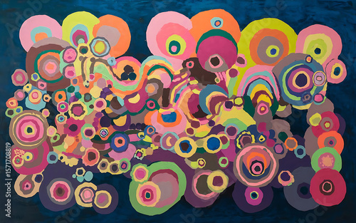 An abstract artwork with colorful circular lines on a dark blue background. The circles vary in size and color, with hues of pink, orange, yellow, green, blue, and purple.