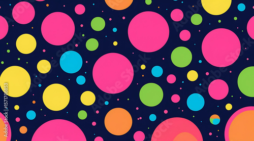 An abstract artwork with colorful circular lines on a dark blue background. The circles vary in size and color, with hues of pink, orange, yellow, green, blue, and purple.