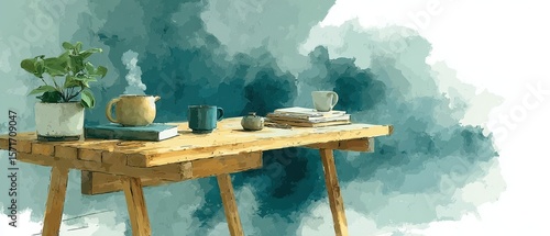 Watercolor style image of a rustic wooden table with items