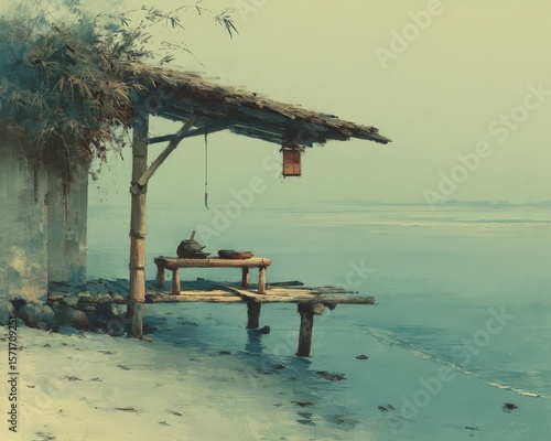 Waterside rustic shelter scene with calm waters