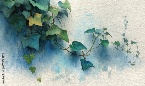 Watercolour rendering of green ivy, partial leaves, on a blue-hued wall