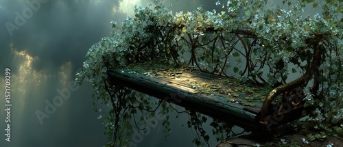 Weathered bench, covered in vines, dramatic sky and sunlight