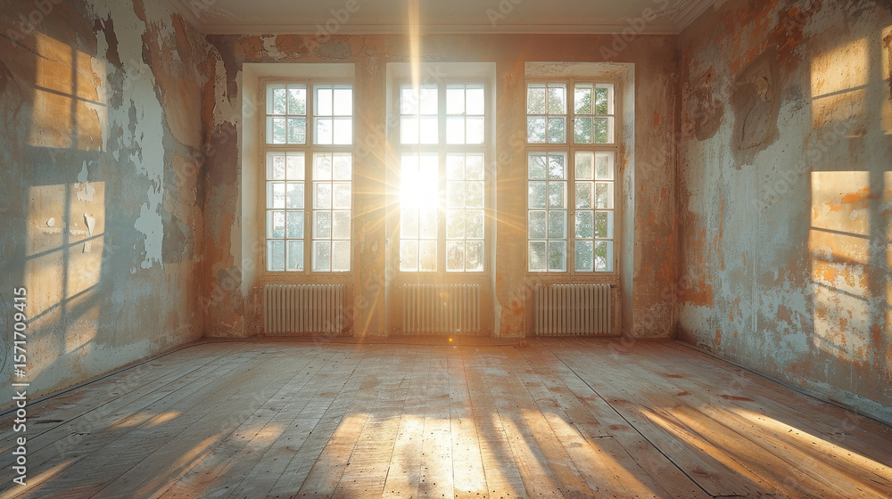 Fototapeta premium A room under renovation with sunlight streaming through the windows, highlighting the transformation in progress.