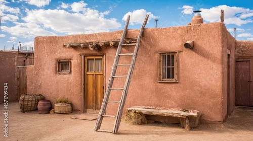 Adobe house under a partly cloudy sky