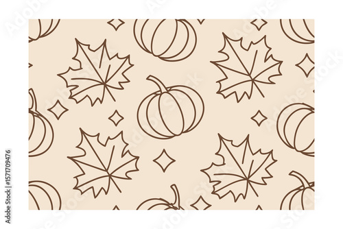 Brown outline pumpkins maple leaves diamond shapes repeating pattern on beige autumn