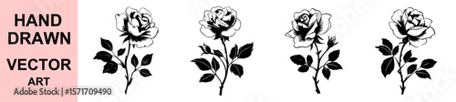 Bild auf Leinwand Detailed hand drawn rose stem vector illustrations in black ink, ideal for romantic art, floral tattoos, botanical prints, greeting cards, vintage themes, and decorations