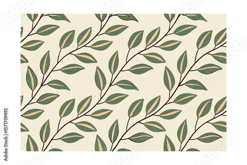 Repeating stylized leaves with green peach hues on beige pattern leaf branch