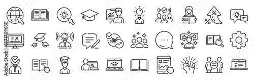 Education line icons. Settings gear, Message, Inflation icons. Laptop, Book and Video Tutorial icons. Graduation cap, Instructions and Presentation. Vector