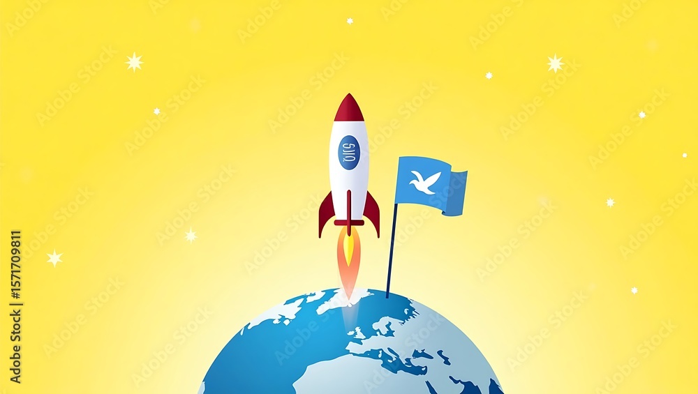 Naklejka premium Rocket launching from earth with a peace flag and stars isolated on white background