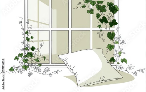 Window scene with climbing vines and a cushion on the sill