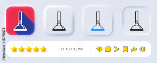 Cleaning plunger line icon. Neumorphic, Flat shadow, 3d buttons. Cleaning of pipe clogs symbol. Housekeeping equipment sign. Line plunger icon. Social media icons. Vector