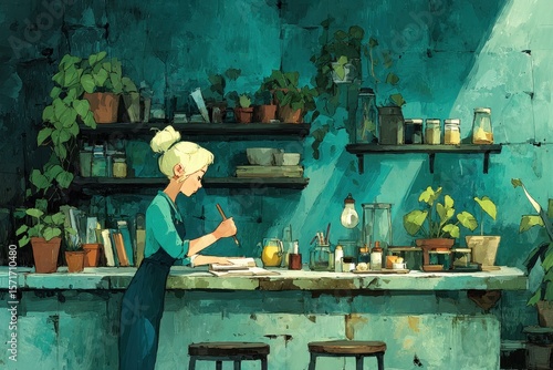 Woman studies in a room with plants, sketchbooks, and shelves