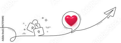 Lock line icon. Continuous line with share plane. Wedding padlock sign. Security access symbol. 3d heart in speech bubble. Locks single line ribbon. Loop curve pattern. Vector