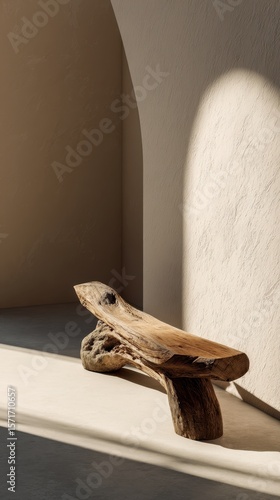 Wooden bench by a beige arched wall, bathed in sunlight