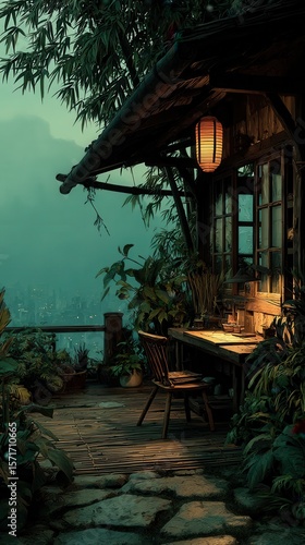 Wooden cabin illuminated by lantern, surrounded by greenery
