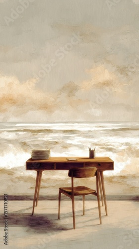 Wooden desk & chair overlook seascape, muted, artistic