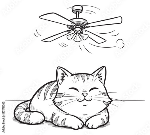 Illustration of a Contented Cat Resting Under a Ceiling Fan