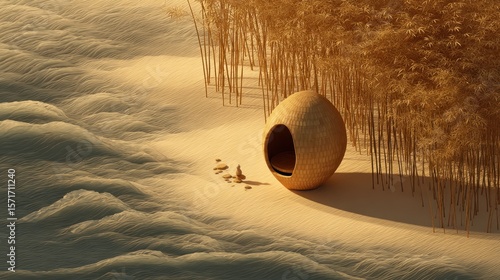 Wooden egg structure on a beach, reeds in background, soft light