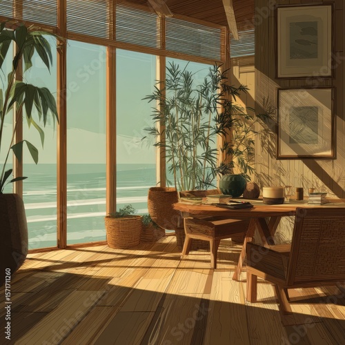Wooden interior with large windows overlooking a tranquil ocean view