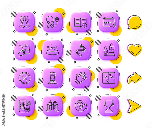 Puzzle, Yoga and Dog feeding line icons. App 3d buttons. Social media comment, share, like icons. Pack of Cyber attack, Technical info, Search puzzle icon. Vector