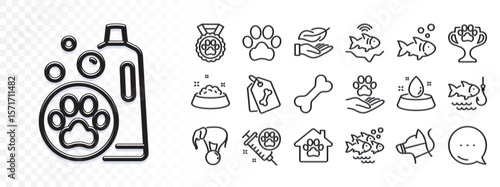 Dog paw, Fish and Dog leash line icons for web app. Glare of light effect. Message icon. Pack of Pet shelter, Elephant on ball, Fish school pictogram icons. Vector