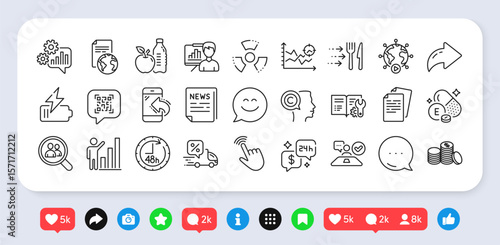 Search employees, Fake news and Documents line icons pack. Social media: share, comment, like icons. Food delivery, Presentation board, Job interview web icon. Vector