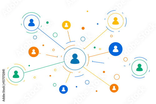Abstract network of connected people icons in various colors and sizes