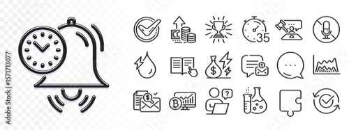 Puzzle, Accounting report and New message line icons for web app. Glare of light effect. Message icon. Pack of Approved, Trade chart, Bitcoin chart pictogram icons. Vector