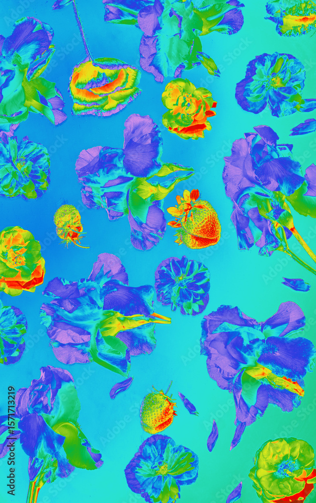Fototapeta premium Bold digital floral pattern with heatmap-style coloring. Psychedelic and futuristic look, great for modern textiles, posters, or tech visuals