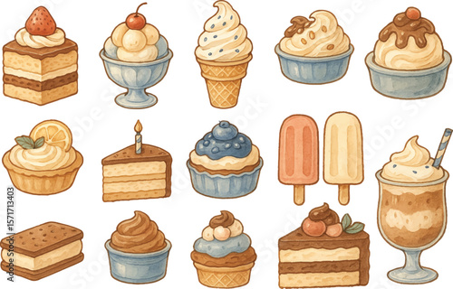 A delightful set of hand-drawn desserts including cake, ice cream, cupcakes, and popsicles in a vintage engraving style. Perfect for culinary, bakery, or retro-themed designs