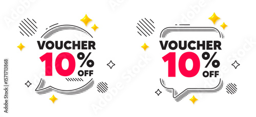Coupon chat speech bubble. Social media concept. Voucher 10 percent off sale. Special offer coupon sign. Black friday discount symbol. 3d flare stars chat bubble. Vector