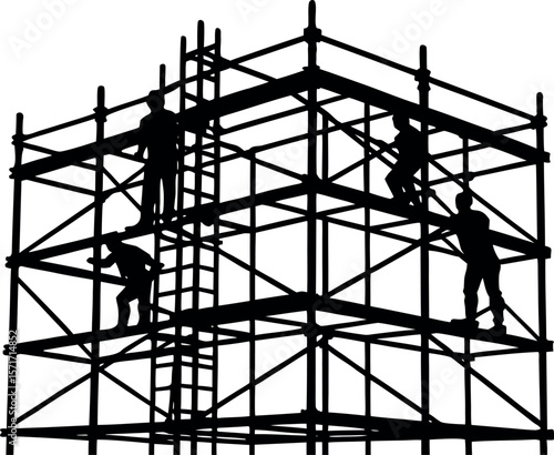 A complex scaffolding structure with workers silhouetted against a white background