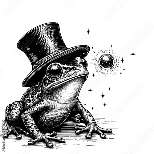 magic frog admiring  bubble in mystical style in black and white