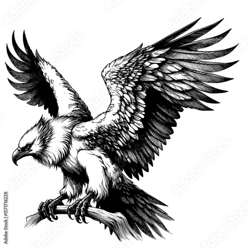 Eagle perched with spread wings on branch