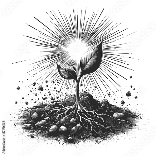 Growing plant illustration in black-and-white depicting new growth