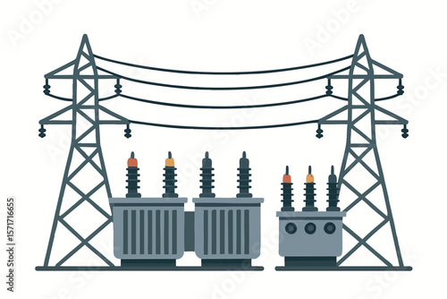 Flat vector electric power substation with transformers and grid lines, isolated on white
