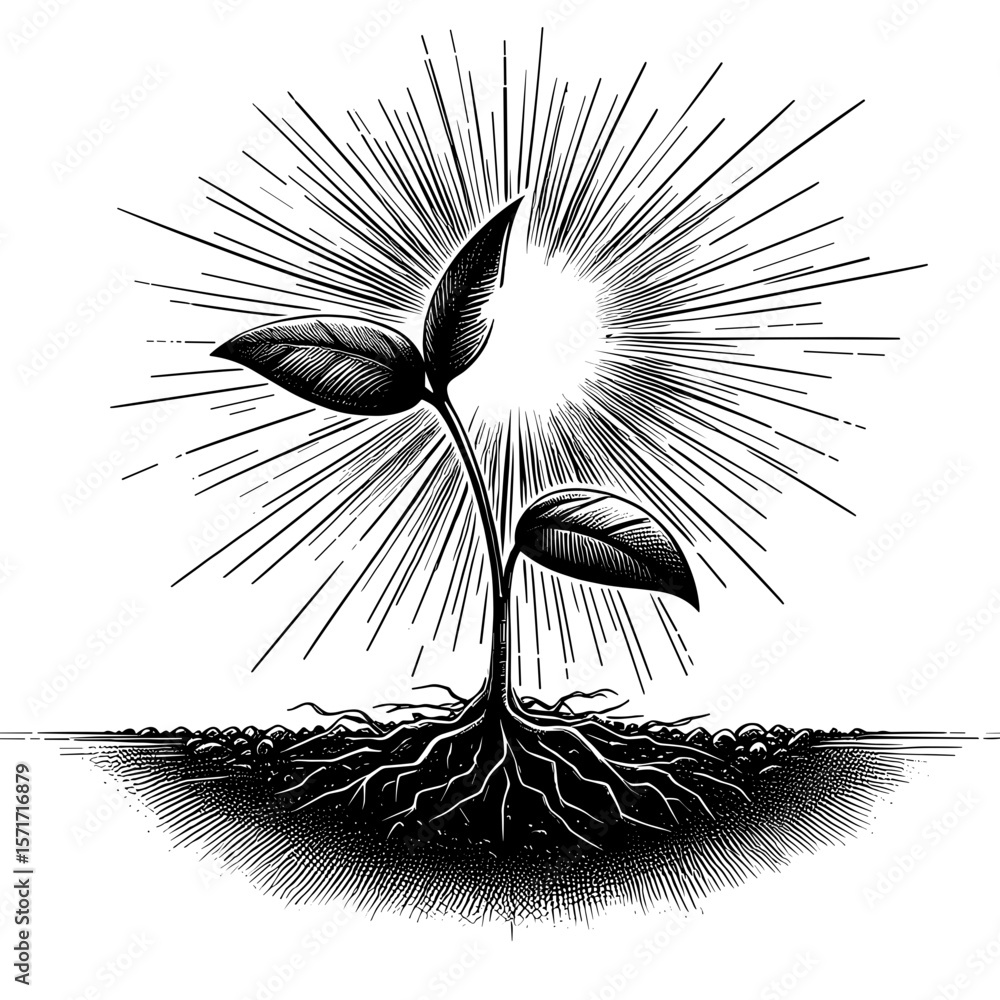 Obraz premium Plant growing in illustration style in black and white represents growth