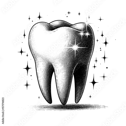 Illustration of tooth in ink style in black and white depicting dental care