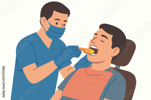 Flat vector fluoride treatment tray being applied by dentist, patient in chair, isolated on white