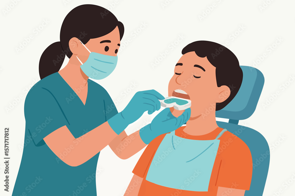 Flat vector fluoride treatment tray being applied by dentist, patient in chair, isolated on white