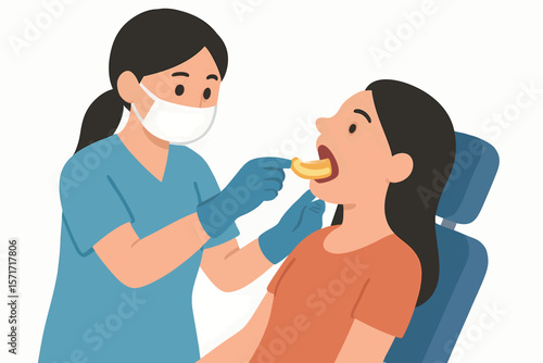 Flat vector fluoride treatment tray being applied by dentist, patient in chair, isolated on white