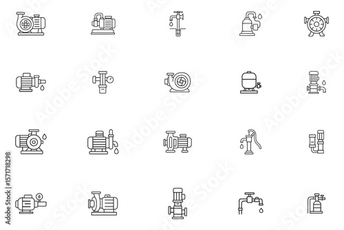 Water pump and equipment line icon set. Vector collection of water supply, plumbing, and industrial system symbols
