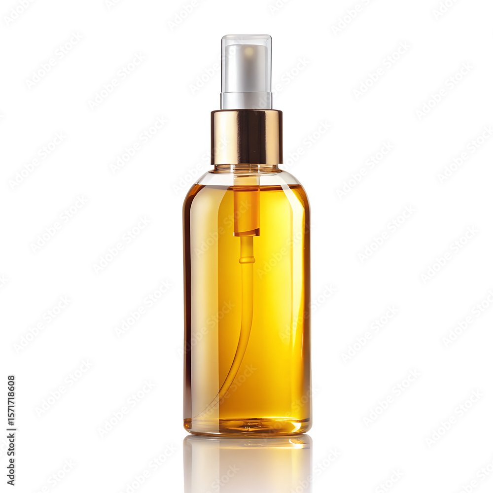 A sleek amber glass bottle with a gold spray top displays a luxurious cosmetic product isolated on transparent background A sleek amber glass bottle with a gold spray top displays a luxurious cosmetic product isolated on transparent background
