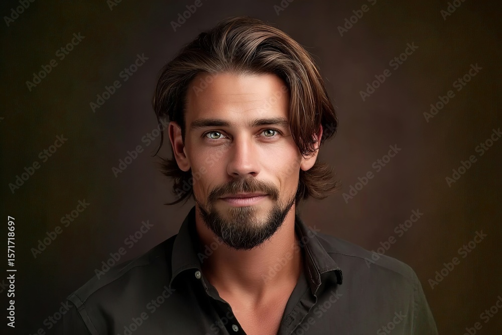 Obraz premium Handsome Bearded Man with Long Hair in Black Shirt on Dark Background