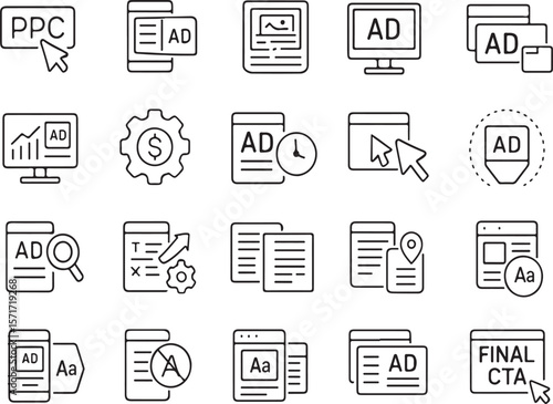 Collection of digital marketing and advertising icons representing ppc campaigns ad performance content optimization and call to action elements